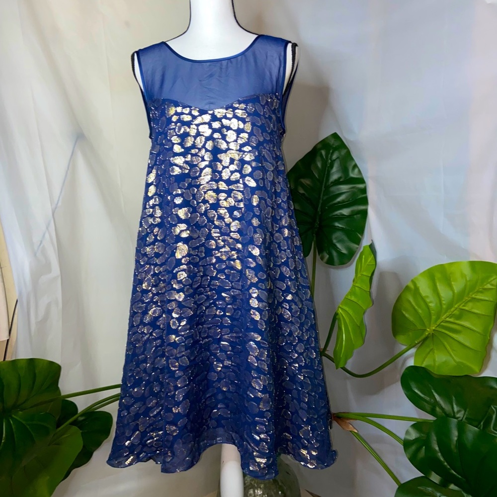 NWT Erin Fetherston Blue & Gold Midi Dress Size 6